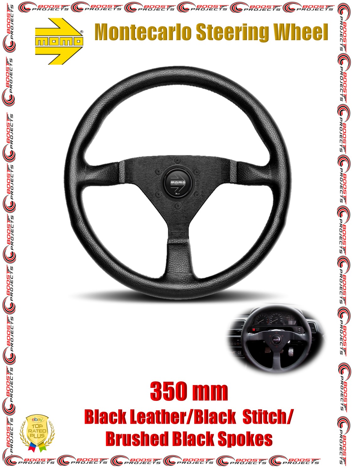Momo 350 mm Montecarlo Steering Wheel Black Leather Black Stitch