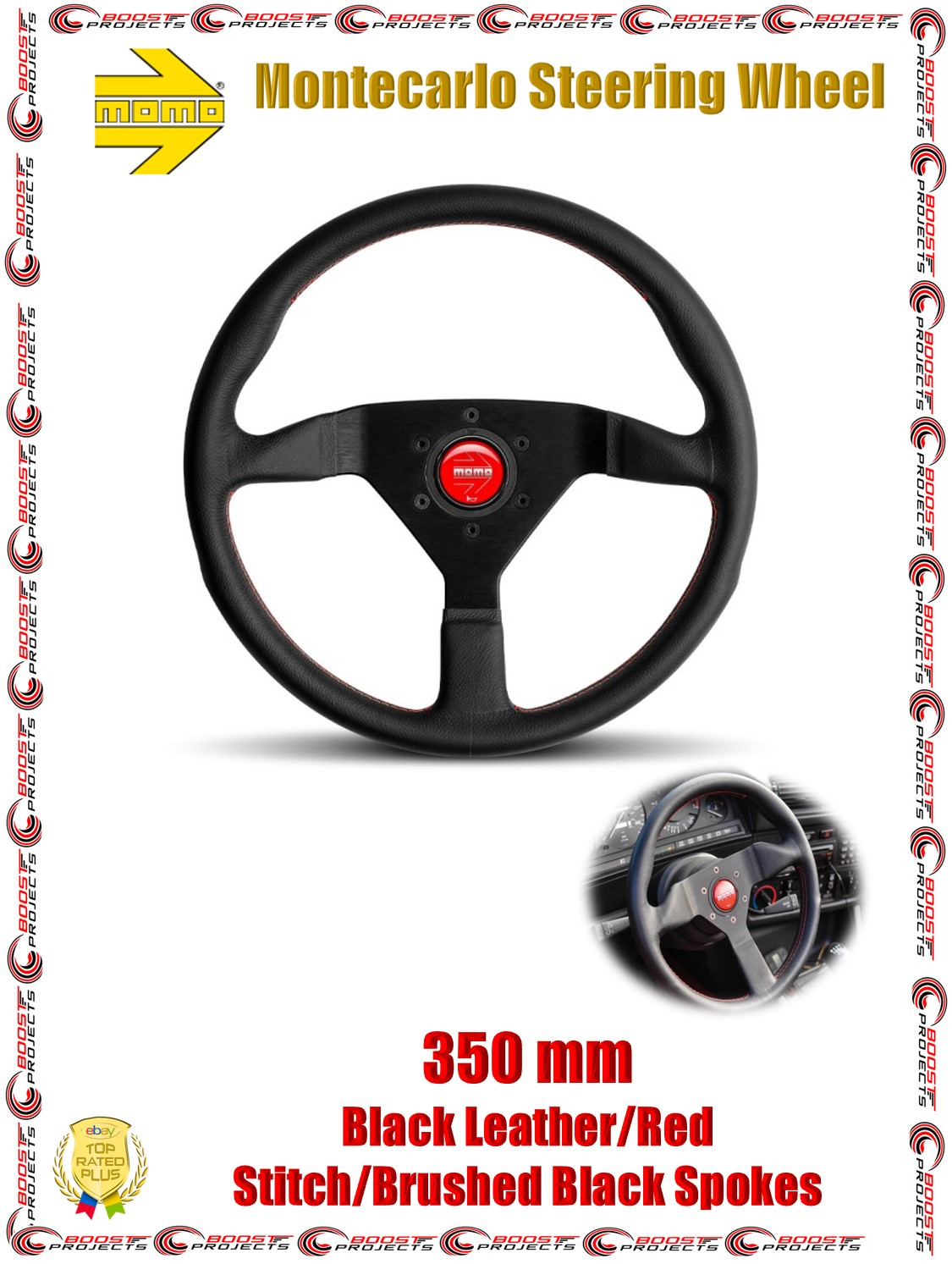 Momo 350 mm Montecarlo Steering Wheel Black Leather Red Momo 350 mm Montecarlo Steering Wheel Black Leather Red