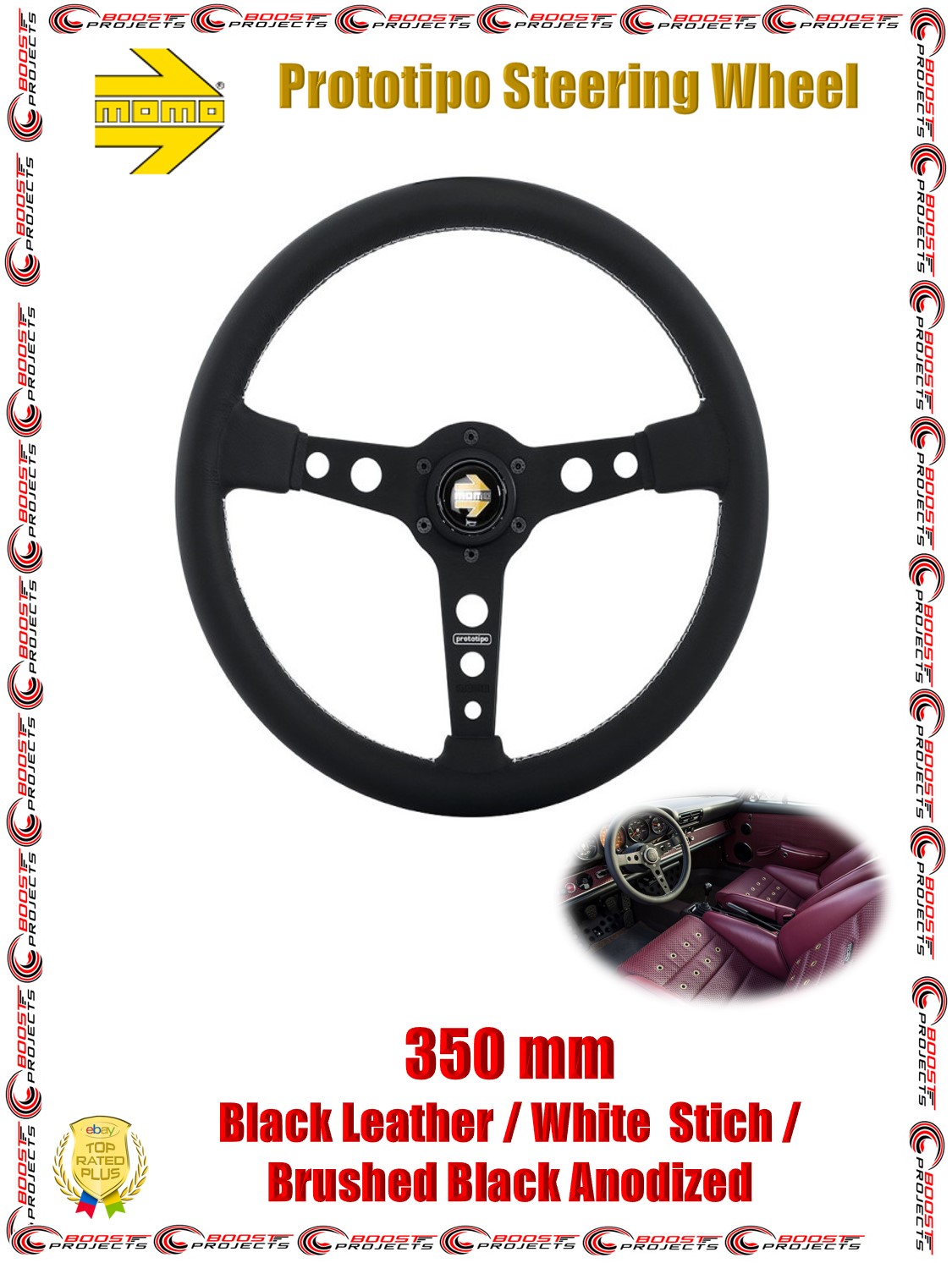 Momo 350 mm Prototipo Steering Wheel Black Leather White Stich