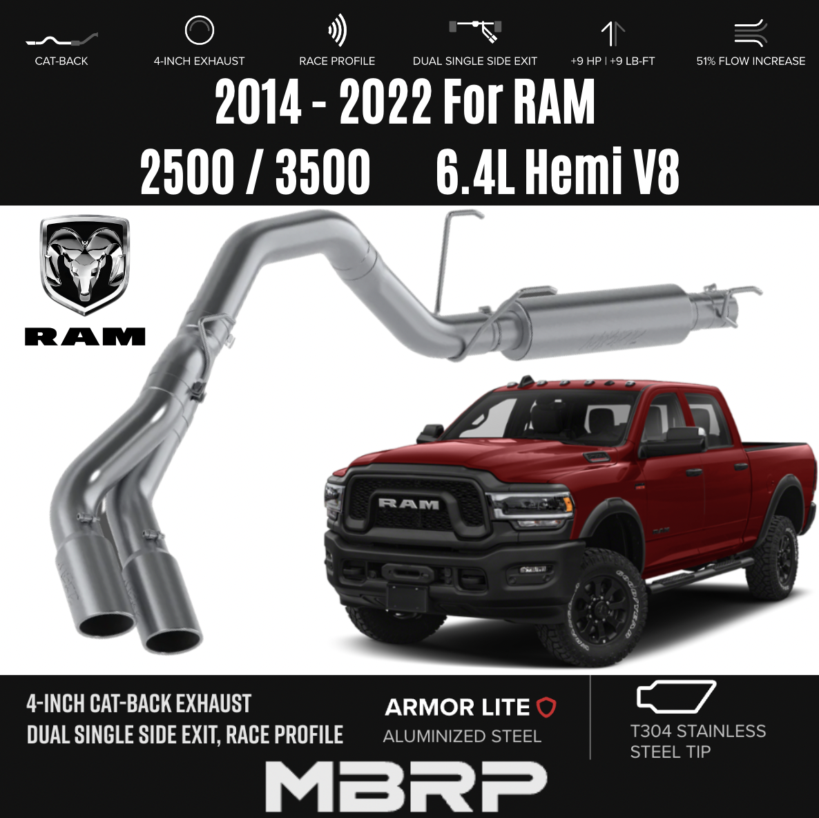 MBRP Exhaust 4 inch cat-back dual single side exit for ram 2500 3500 6.4L hemi V8 race profile  