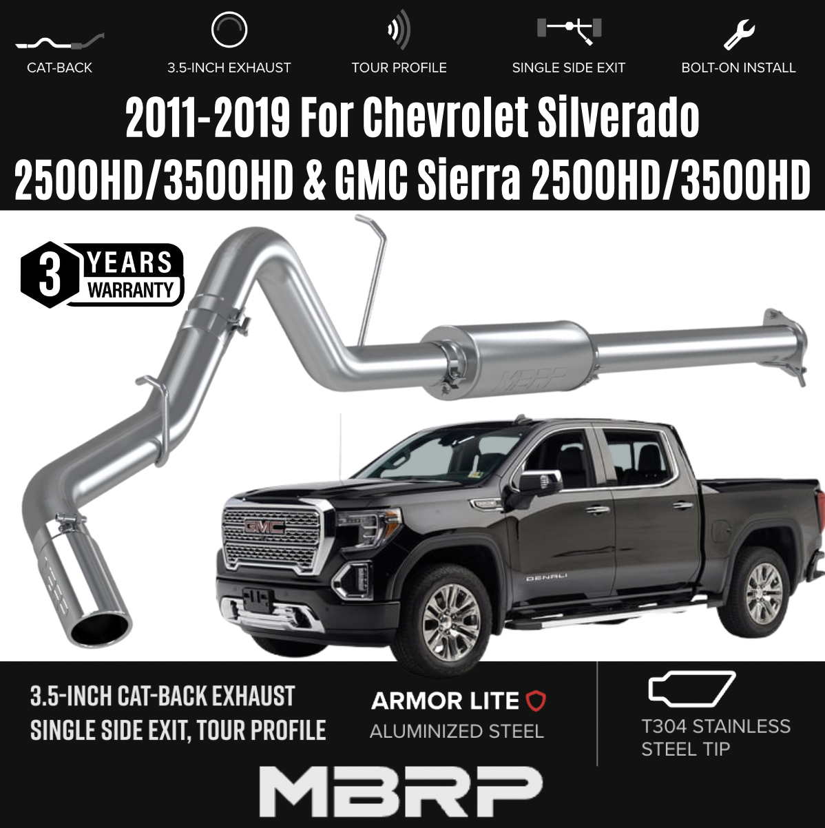 MBRP 3'' cat back single side exhaust with carbon fiber ss tip for 2017 2018 2019 2020 2021 2022 2023 gmc sierra chevrolet silverado 2500HD 3500 HD 6.0L V8 stainless steel