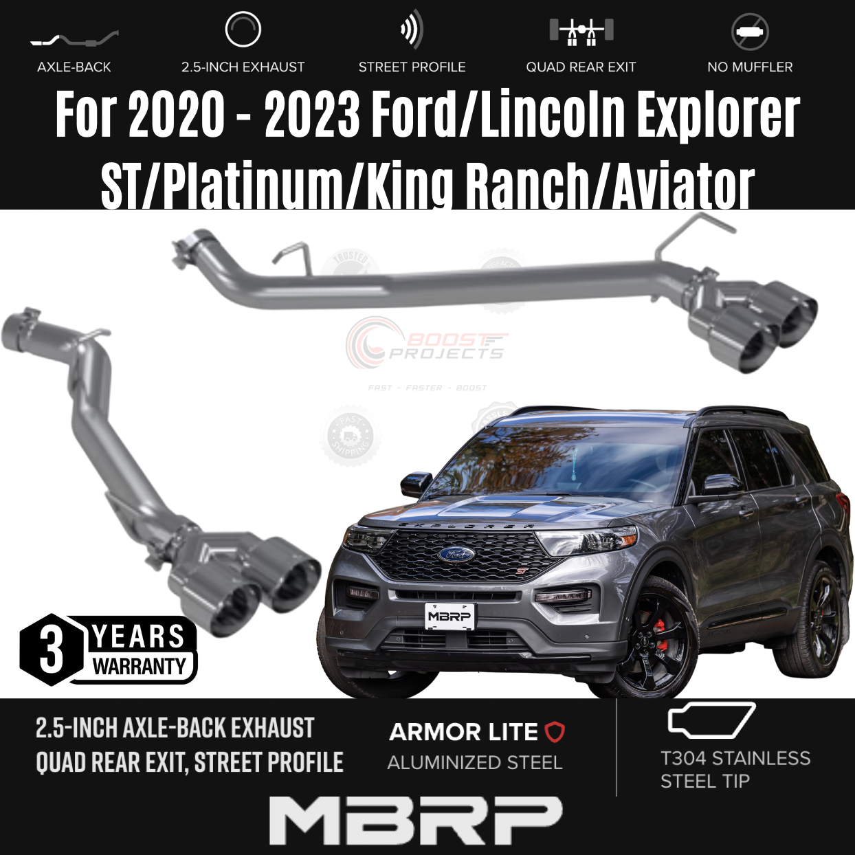 MBRP 2.5'' axle back quad rear exhaust with ss tip for 2017 2018 2019 2020 2021 2022 2023 ford lincol explorer st platinium king ranch st 3.0L eco boost aluminized stainless steel